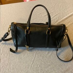 Fossil Black Leather Handbag with brass Accents